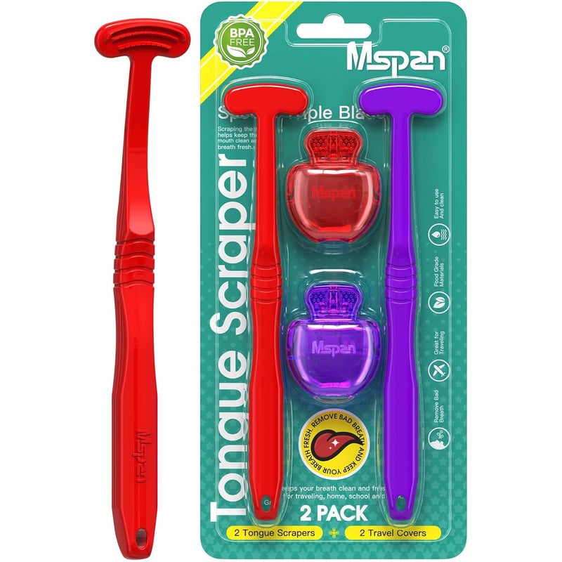 Mspan Tongue Scraper Cleaner for Adults: Tongue Brush Cleaning Scrubber with Plastic Travel Case Cap - Clean Bad Breath Dental Oral Care Red Purple 2 Pack - Image 1